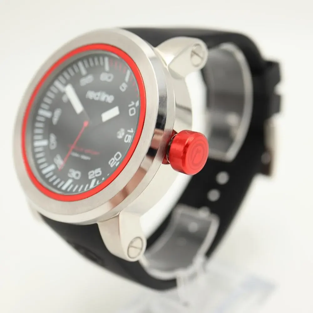 Red Line Mens 50mm Watch Silver Black 100m WR Heavy Duty Steel w New Battery